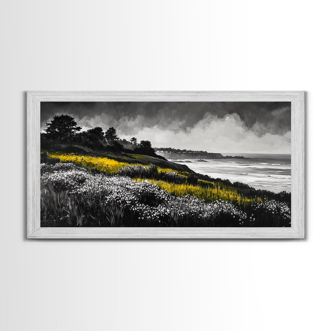 Coastal Meadow, Floral Landscape, Beach Painting, Black and White Art, Nature Wall Decor, Minimalist Art, Framed Canvas Print, Gift Idea