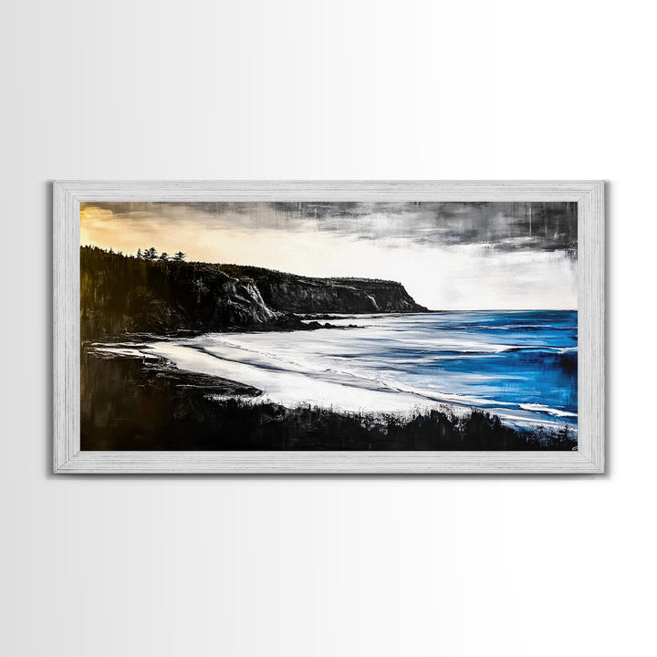 Cliffside Coast, Dramatic Seascape, Black and White Landscape, Ocean View, Modern Art, Living Room Decor, Framed Canvas Print, Coastal Home