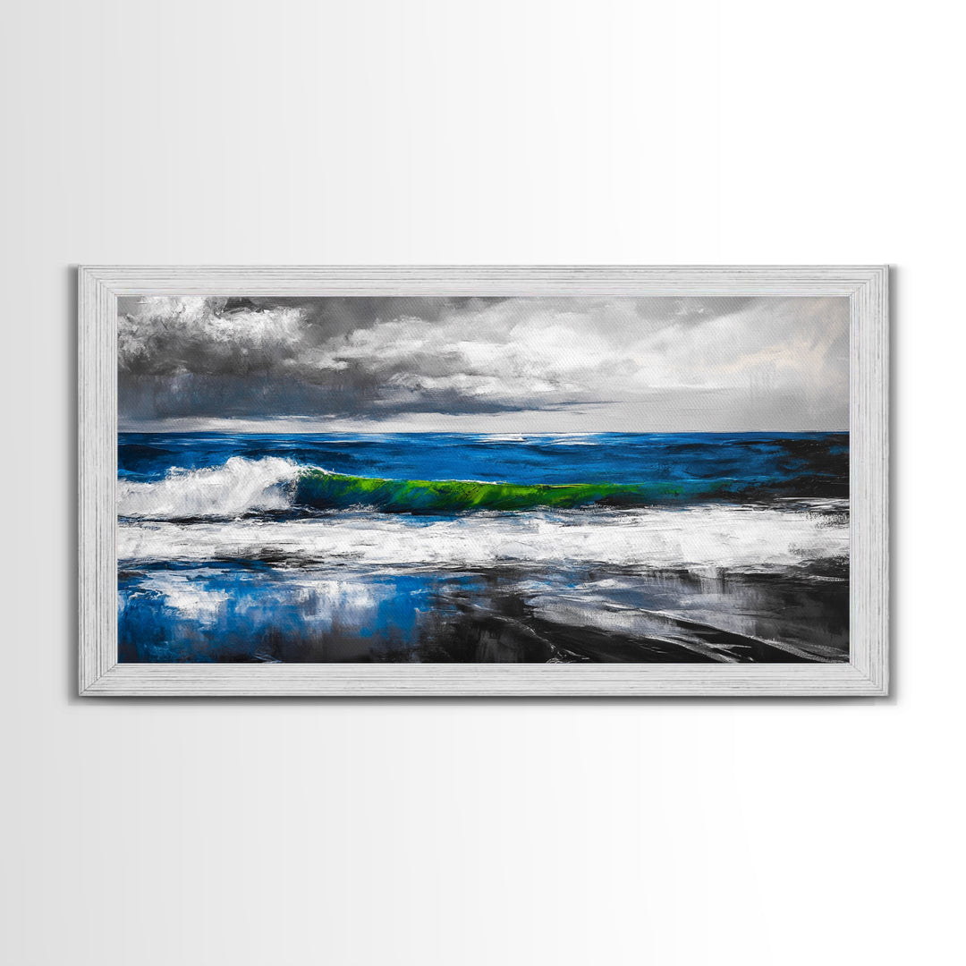 Blue Ocean, Stormy Seascape, Modern Coastal Art, Contemporary Painting, Large Beach Wall Art, Bedroom Decor, Framed Canvas Print, Gift Idea