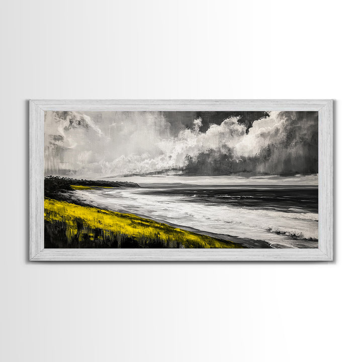 Coastal Horizon, Ocean Beach Art, Black and White Wall Decor, Dramatic Sky, Yellow Grass, Modern Landscape, Serene View, Framed Canvas Print