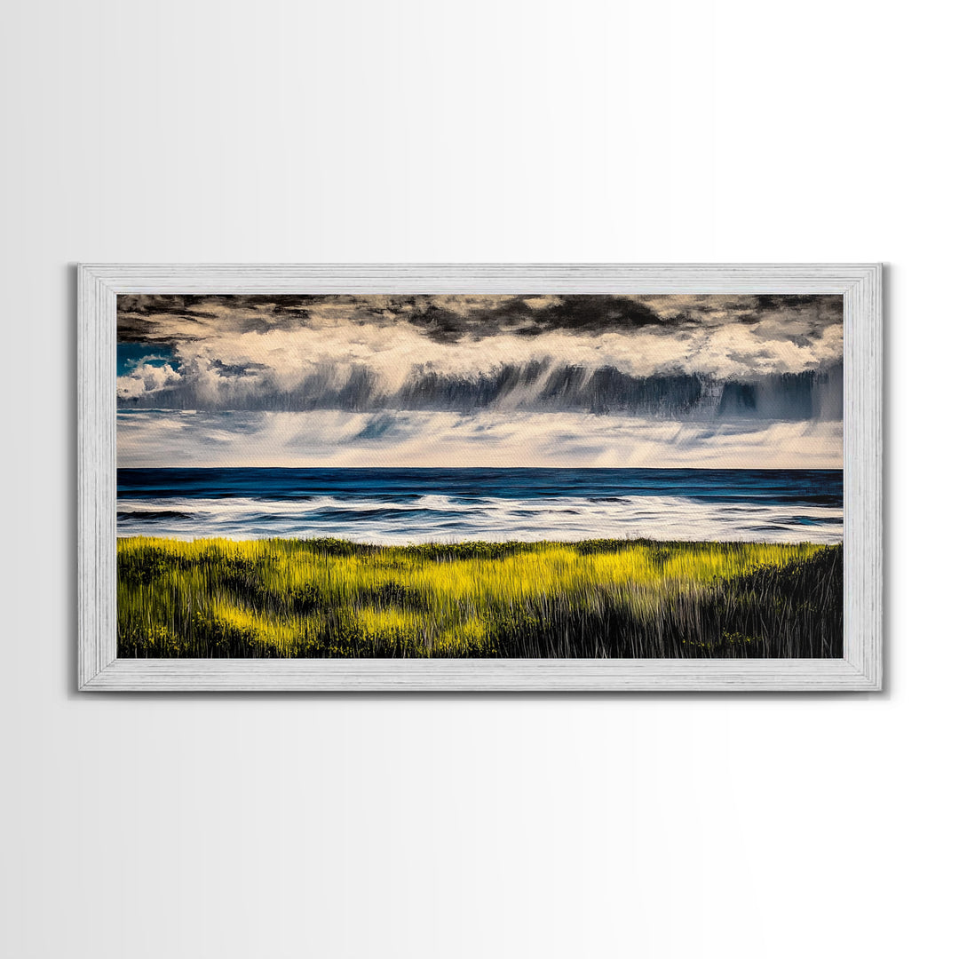 Rain Over Ocean, Blue Seascape, Beach House Decor, Coastal Art, Atmospheric Painting, Nature Inspired, Office Wall Art, Framed Canvas Print