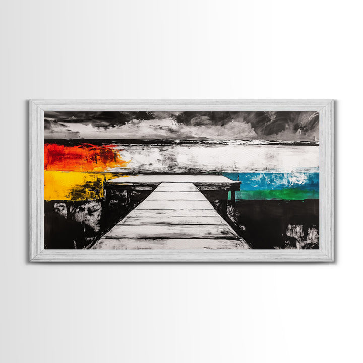 Pier to Infinity, Abstract Coastal Art, Black and White, Surreal Landscape, Minimalist Aesthetic, Nautical Decor, Framed Canvas Print
