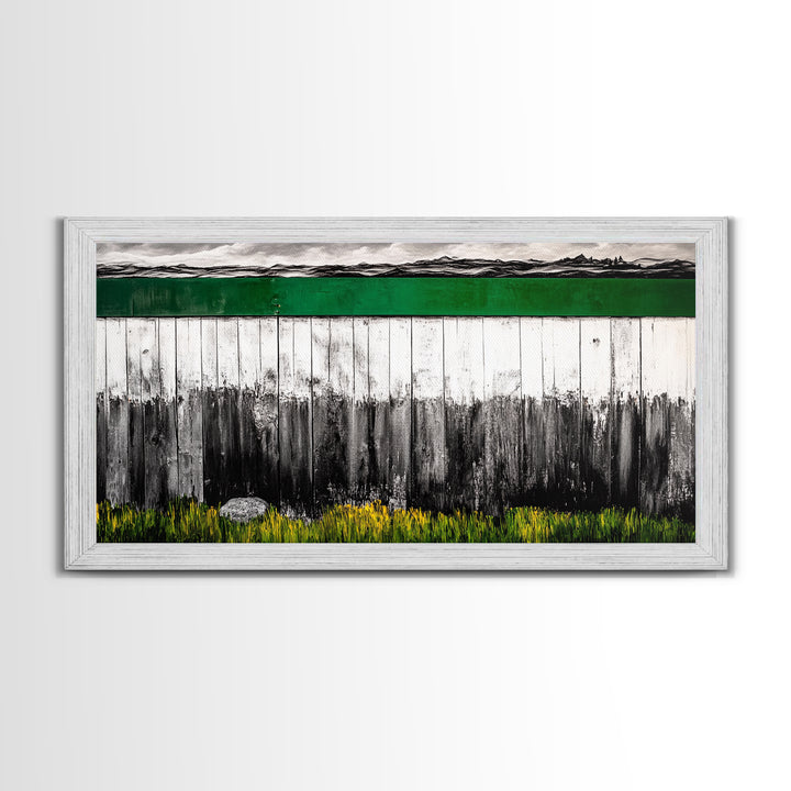 Rustic Fence, Green Landscape, Modern Country Art, Black and White with Color, Nature Inspired, Farmhouse Decor, Serene View, Canvas Print