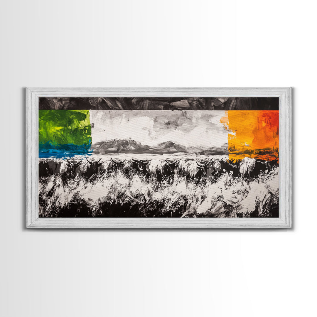 Abstract Cattle, Western Art, Colorful Farm Scene, Framed Canvas Print, Modern Ranch Wall Decor, Farmhouse Style, Rustic Artwork