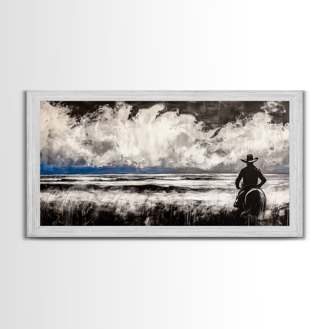 Cowboy Horizon, Western Landscape, Rustic Horse Rider, Framed Canvas Print, Southwestern Home Decor, Black and White Wall Art