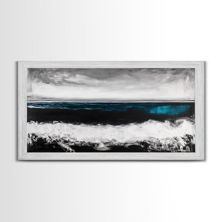 Ocean Horizon, Moody Seascape, Black and White Waves, Framed Canvas Print, Modern Coastal Wall Art, Beach House Decor, Minimalist Art