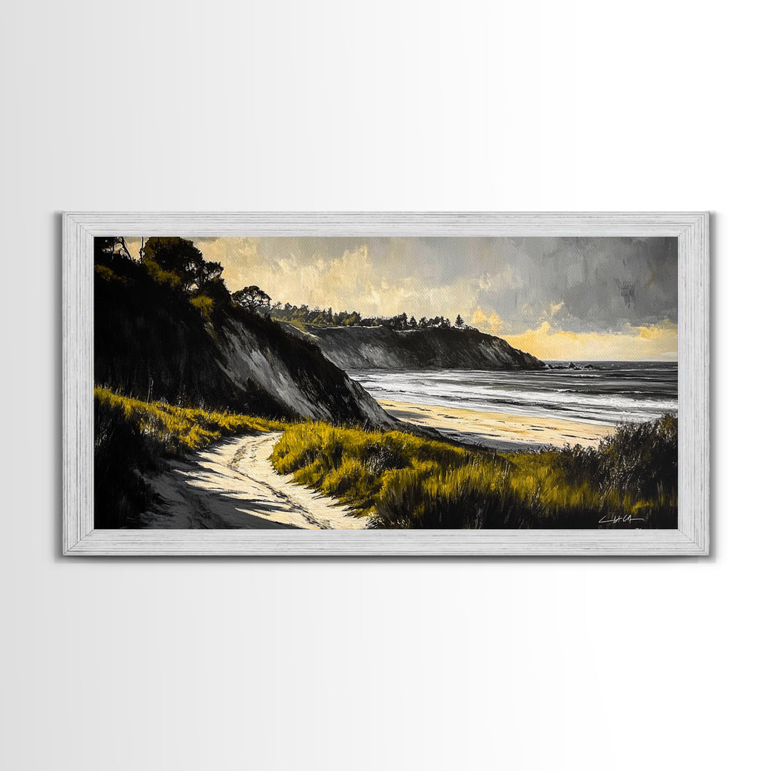 Coastal Path, Ocean View, Beach Sunset, Framed Canvas Print, Modern Wall Art, Landscape Painting, Living Room Art, Nautical Decor