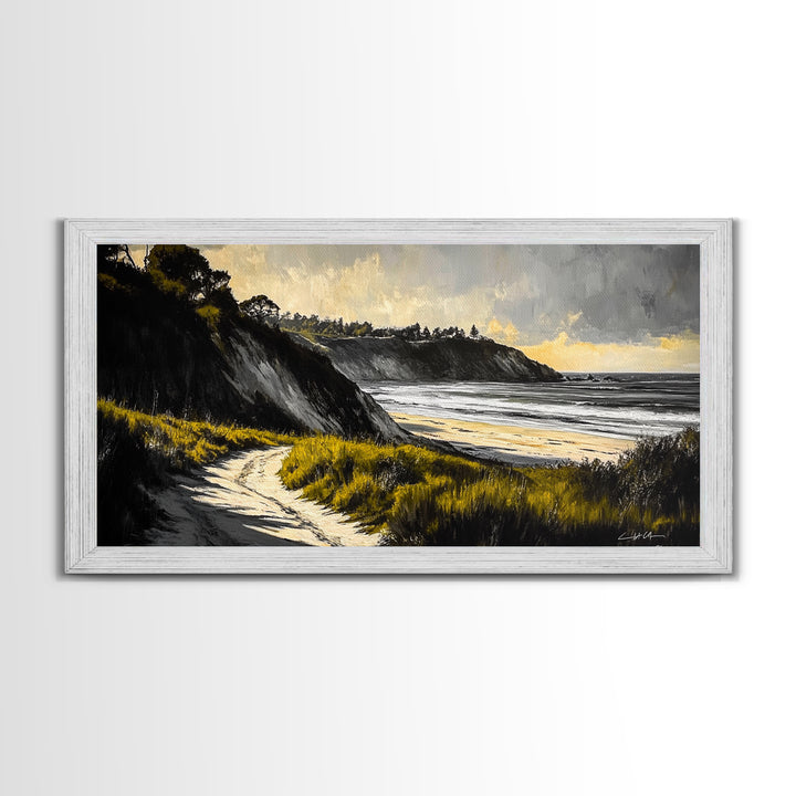 Coastal Path, Ocean View, Beach Sunset, Framed Canvas Print, Modern Wall Art, Landscape Painting, Living Room Art, Nautical Decor
