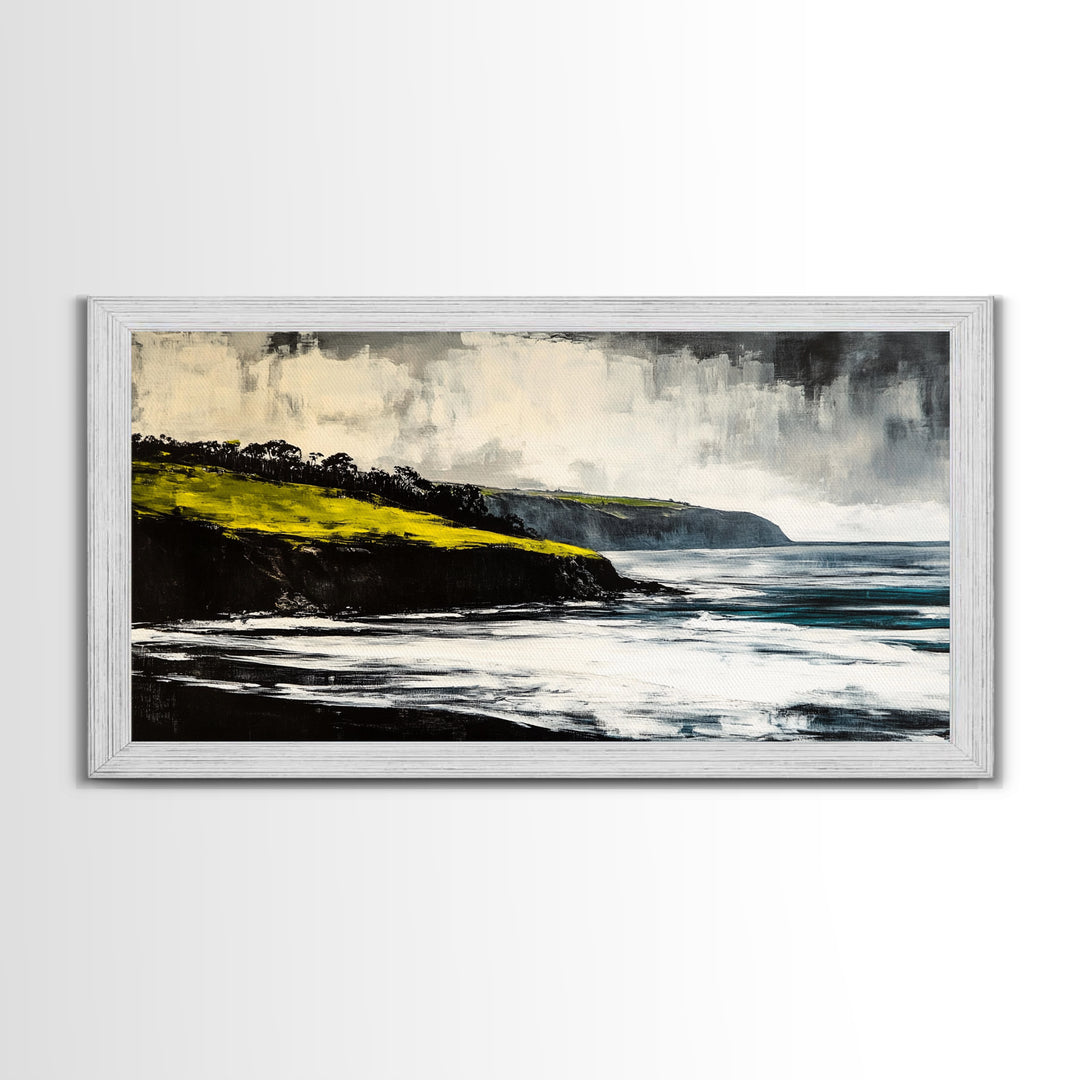 Ocean Cliffs, Misty Coastline, Stormy Sea, Canvas Print, Moody Seascape Art, Living Room Decor, Minimalist Wall Art, Nature Painting
