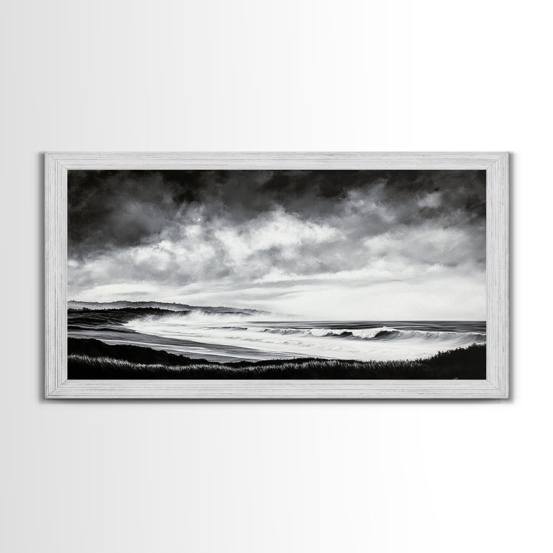 Black and White Beach, Moody Sky, Stormy Waves, Framed Canvas Print, Minimalist Wall Art, Modern Home Decor, Nautical Landscape