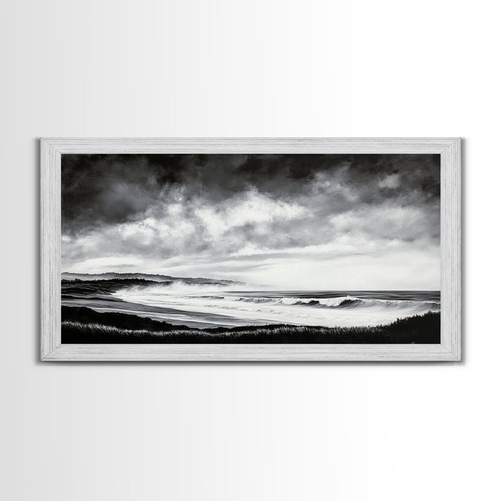 Black and White Beach, Moody Sky, Stormy Waves, Framed Canvas Print, Minimalist Wall Art, Modern Home Decor, Nautical Landscape