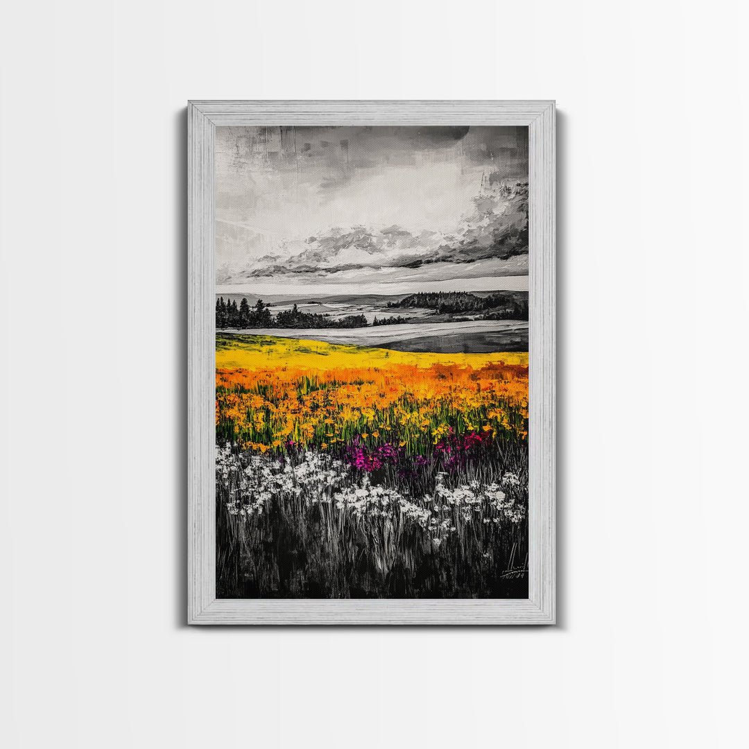 Black White Landscape, Yellow Wildflower Field, Nature Wall Art, Rustic Farmhouse Art, Country Home Decor, Office Art, Framed Canvas Print
