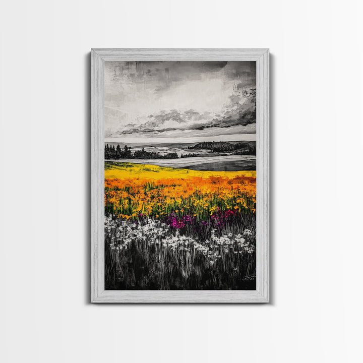 Black White Landscape, Yellow Wildflower Field, Nature Wall Art, Rustic Farmhouse Art, Country Home Decor, Office Art, Framed Canvas Print