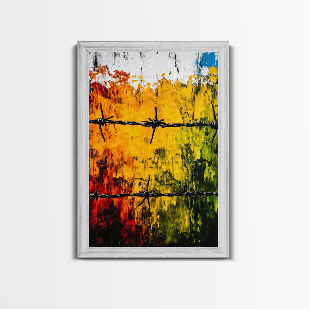 Barbed Wire Wall Art, Red Yellow Green, Bold Abstract Painting, Modern Industrial Decor, Statement Piece, Office Wall Art, Canvas Print