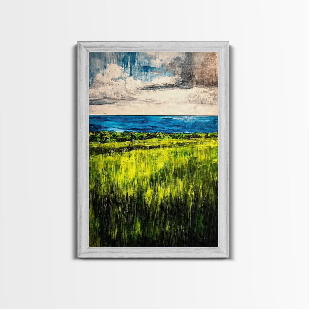 Coastal Landscape, Ocean View, Green Fields, Framed Canvas Print, Serene Wall Art, Nature Inspired, Tranquil Beach Decor, Modern Art