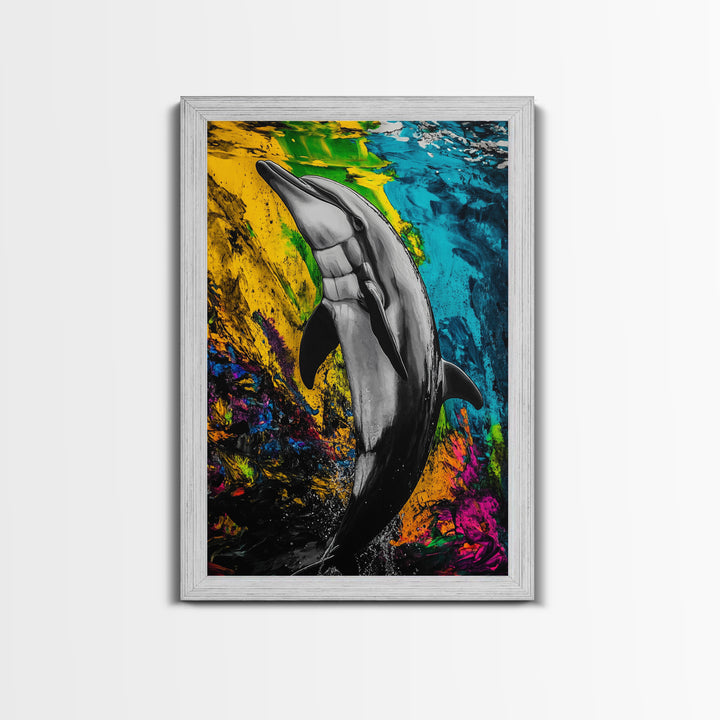 Dolphin Art, Vibrant Colors, Underwater Scene, Framed Canvas Print, Ocean Wall Decor, Marine Life Art, Coastal Vibes, Nautical Home Decor