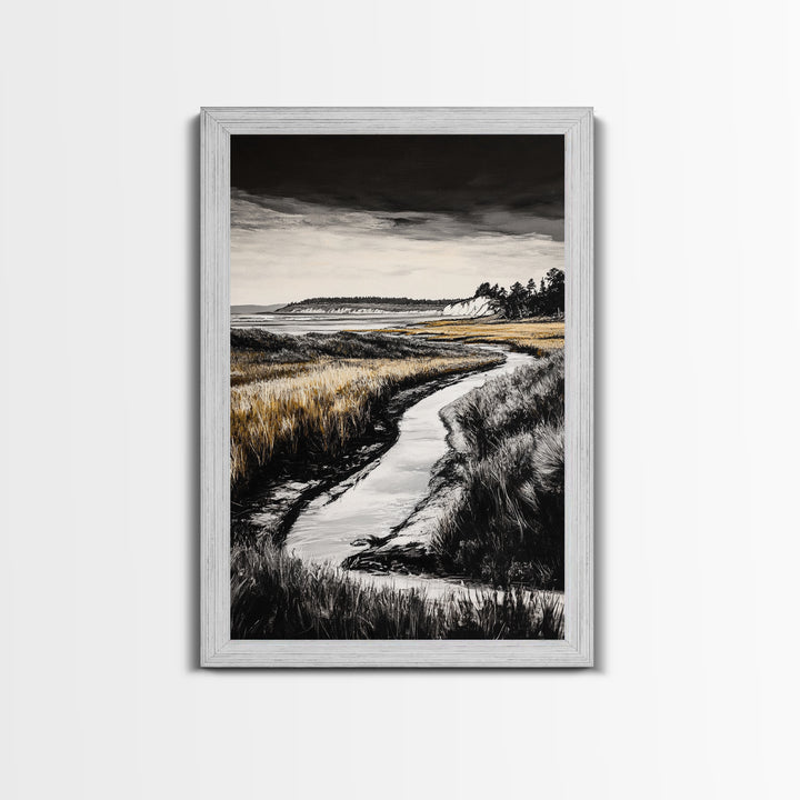 Coastal Landscape, Black and White, Framed Canvas Print, Nature Wall Art, Living Room Decor, Modern Farmhouse Art, Neutral Tones