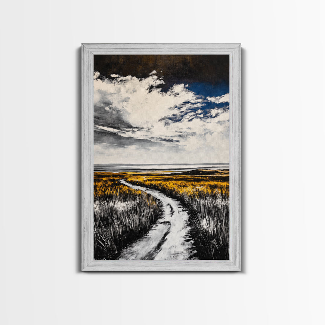 Pathway, Open Fields, Framed Canvas Print, Rustic Landscape, Countryside Decor, Farmhouse Wall Art, Neutral Tones, Home Gift Idea