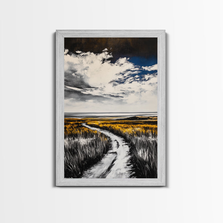 Pathway, Open Fields, Framed Canvas Print, Rustic Landscape, Countryside Decor, Farmhouse Wall Art, Neutral Tones, Home Gift Idea