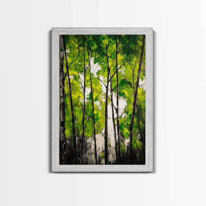 Birch Trees, Green Forest Art, Nature Landscape, Abstract Painting, Contemporary Wall Decor, Earthy Home Art, Framed Canvas Print