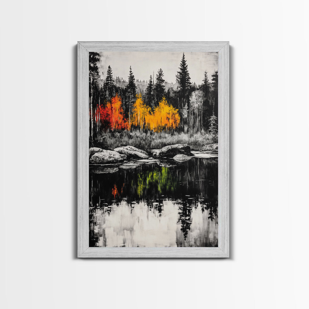 Autumn Reflection, Fall Forest Art, Lake Landscape, Vibrant Trees, Seasonal Painting, Warm Home Decor, Canvas Print