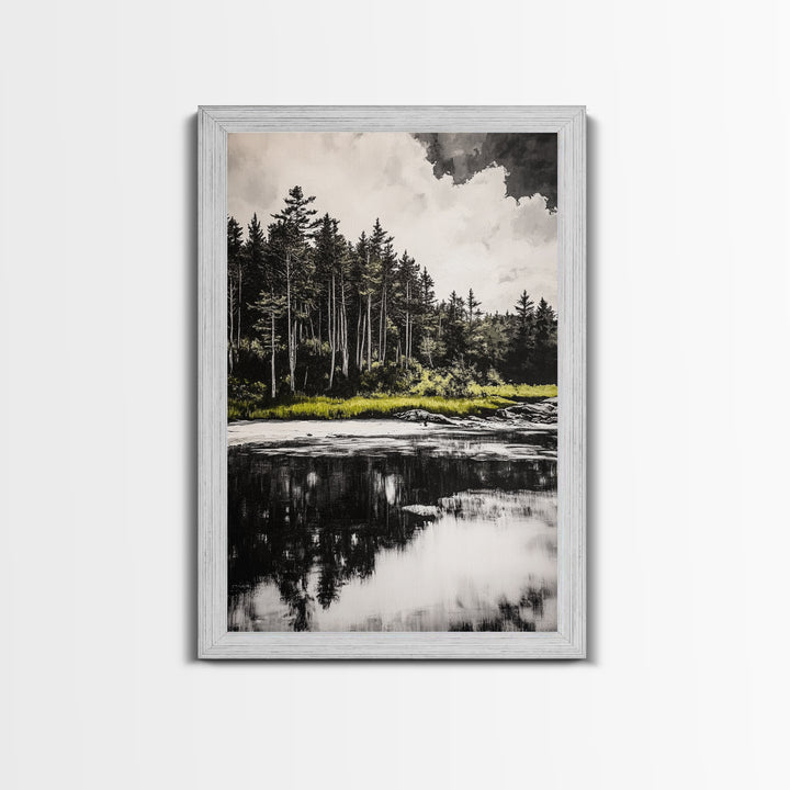 Coastal Serenity, Black and White Wall Art, Ocean Waves, Minimalist Landscape, Nautical Home Decor, Modern Art, Framed Canvas Print