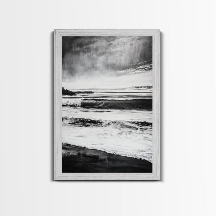 Black and White Waves, Ocean Painting, Dramatic Coastline, Minimalist Art, Framed Canvas Print, Modern Seascape, Contemporary Wall Art
