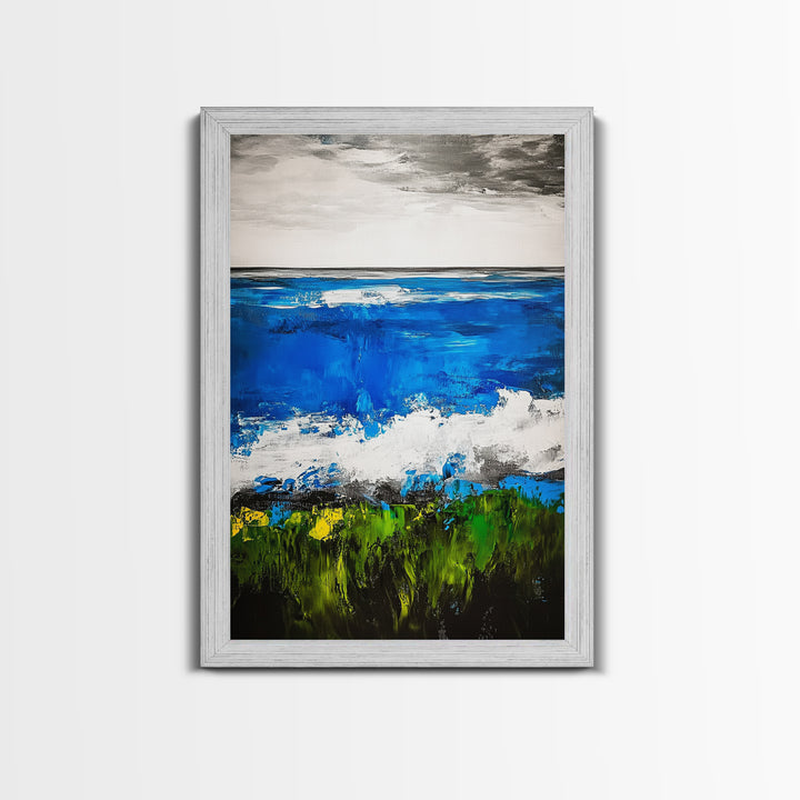 Abstract Ocean View, Blue Green Black White, Coastal Wall Art, Modern Beach Home Decor, Bold Statement Painting, Office Art, Canvas Print