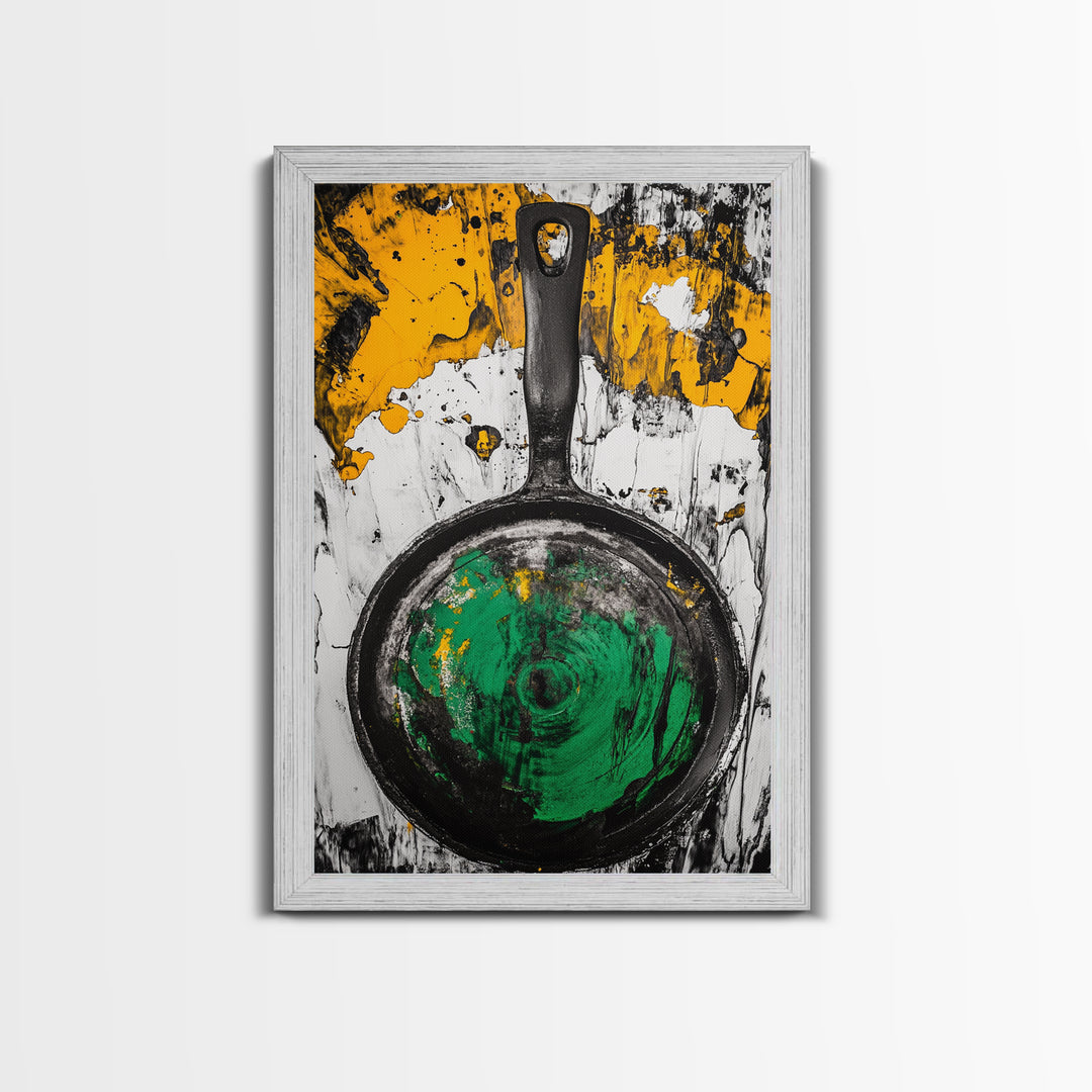 Abstract Frying Pan, Rustic Kitchen Art, Modern Industrial Wall Decor, Black Yellow Green Art, Unique Foodie Gift, Canvas Print