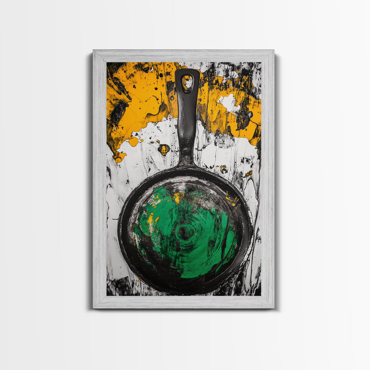 Abstract Frying Pan, Rustic Kitchen Art, Modern Industrial Wall Decor, Black Yellow Green Art, Unique Foodie Gift, Canvas Print