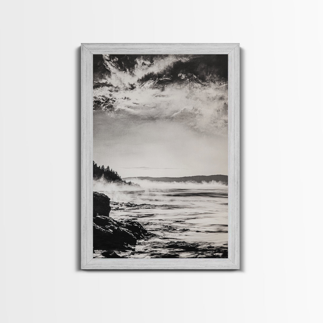 Coastal Mist, Moody Seascape, Black and White Ocean, Nautical Wall Art, Minimalist Decor, Living Room Art, Canvas Print, Gift Idea
