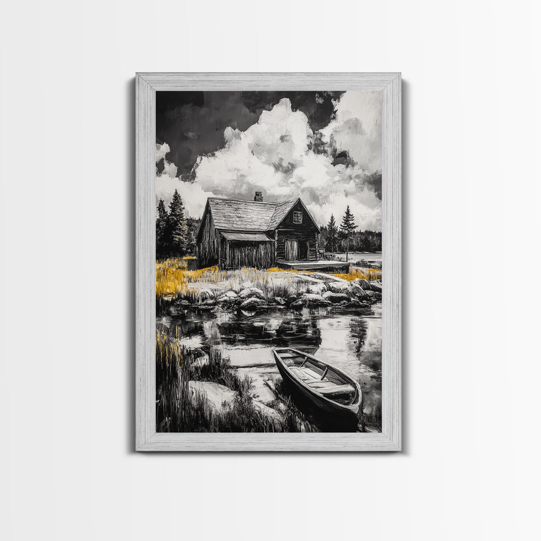 Cabin Reflection, Rustic Home Art, Log House Painting, Tranquil Lake, Country Home Wall Decor, Framed Canvas Print, Nature Lover Gift