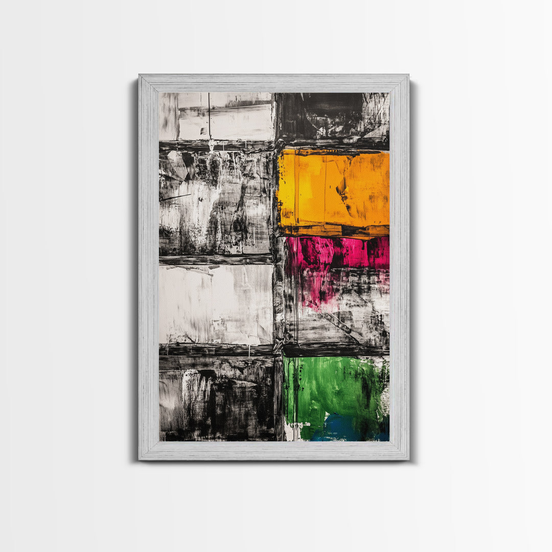 Abstract Modern Art, Black White Geometric, Yellow Red Green Blocks, Minimalist Wall Decor, Office Art, Mid Century Style, Canvas Print