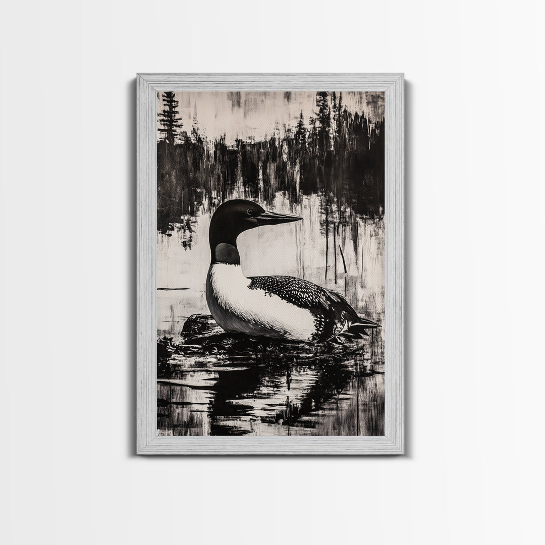 Loon, Lake Reflection, Nature Wall Art, Framed Canvas Print, Black and White Art, Minimalist Decor, Cabin Wall Art, Rustic Home
