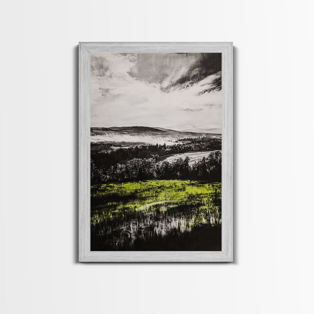Rolling Hills, Nature Landscape, Canvas Print, Black White Green Art, Farmhouse Decor, Rustic Wall Art, Bedroom Decor, Fall Home Art