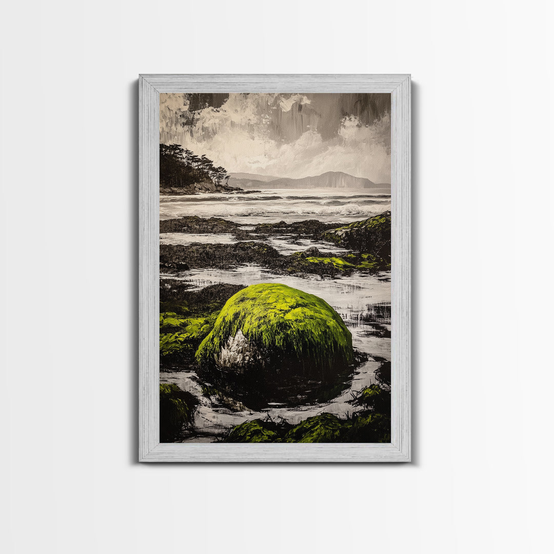 Coastal Rocks, Mossy Shore, Framed Canvas Print, Ocean Landscape, Beach House Wall Art, Nautical Decor, Green Nature, Relaxing Art