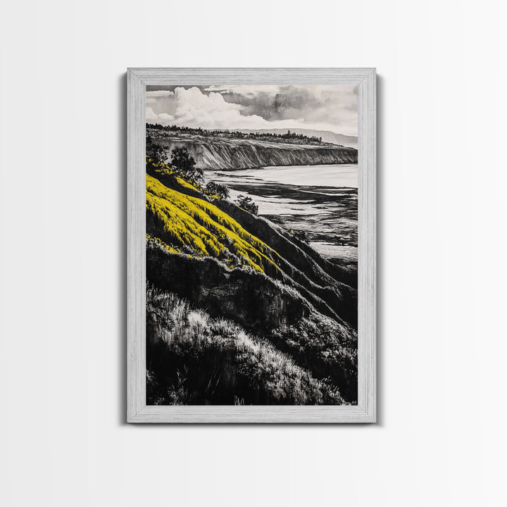 Cliffs, Ocean View, Framed Canvas Print, Coastal Landscape, Beach House Decor, Nature Wall Art, Black White Yellow Art, Scenic View