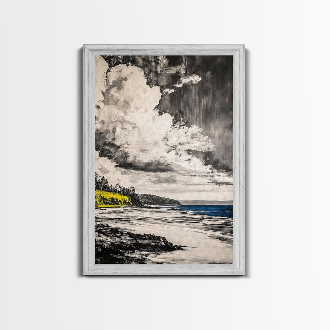 Cliffside View, Ocean Horizon, Cloudy Sky, Framed Canvas Print, Beach House Decor, Monochrome Wall Art, Relaxing Scenery