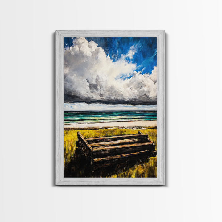 Ocean Bench, Coastal Landscape Art, Beach House Wall Decor, Relaxing Seaside Scene, Serene Water View, Framed Canvas Print