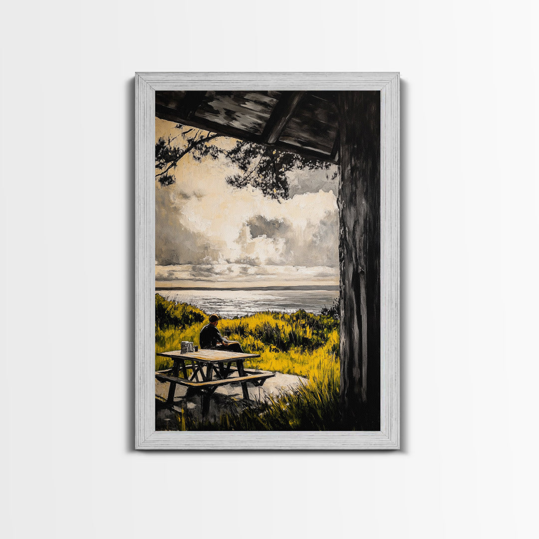 Ocean View Picnic, relaxing landscape painting, coastal art, peaceful nature scene, countryside decor, framed canvas print, living room
