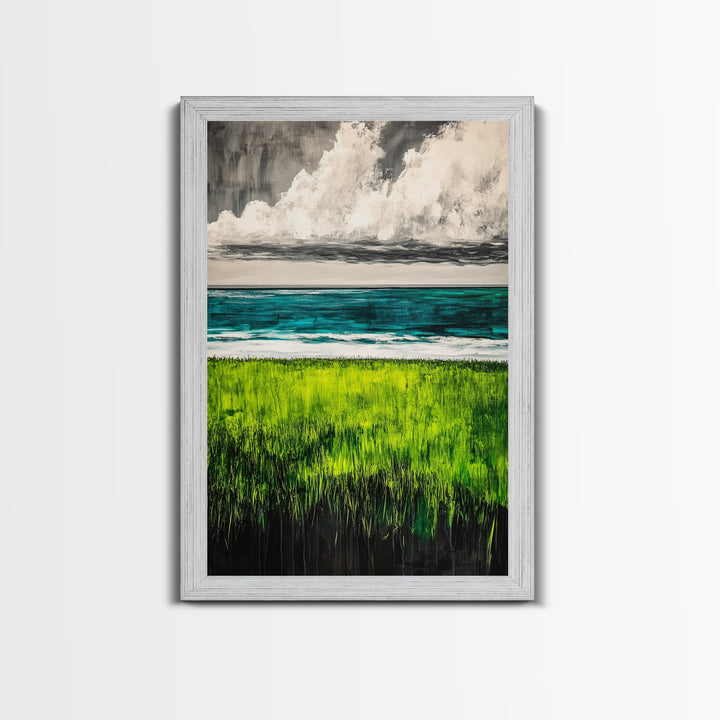 Coastal Landscape Art, Green Blue Ocean, Canvas Print, Serene Beach Wall Decor, Minimalist Nature Painting, Tranquil Home Accent