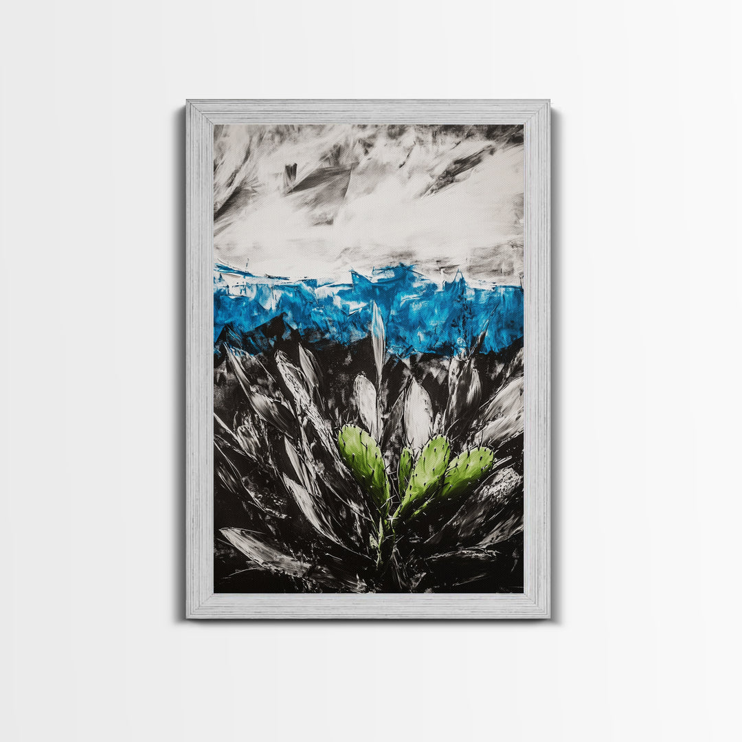 Desert Cactus Painting, Blue Sky Black White, Framed Canvas Print, Modern Southwest Art, Rustic Wall Decor, Minimalist Nature Art