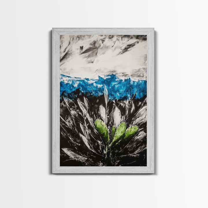 Desert Cactus Painting, Blue Sky Black White, Framed Canvas Print, Modern Southwest Art, Rustic Wall Decor, Minimalist Nature Art