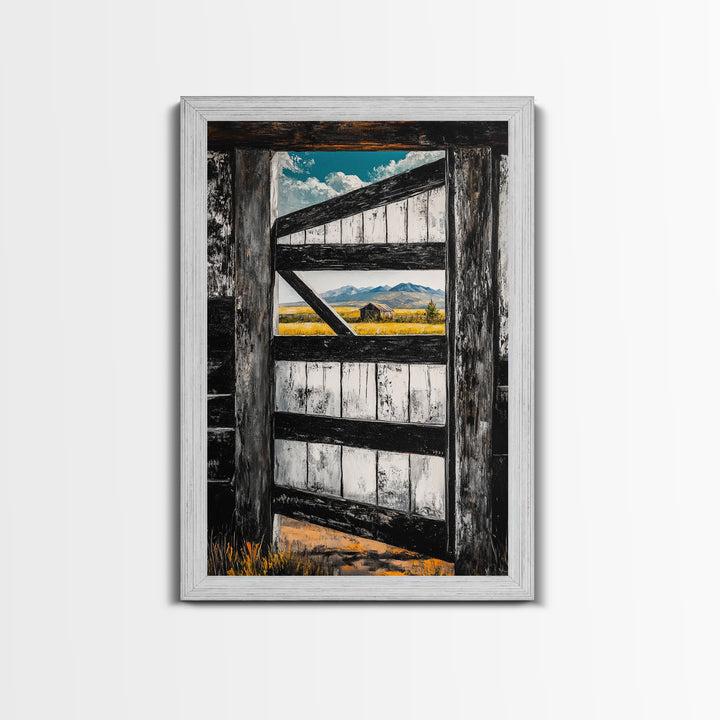 Barn Door View, Mountain Escape, Rustic Scene, Framed Canvas Print, Western Wall Art, Cabin Decor, Farmhouse Style, Country Living