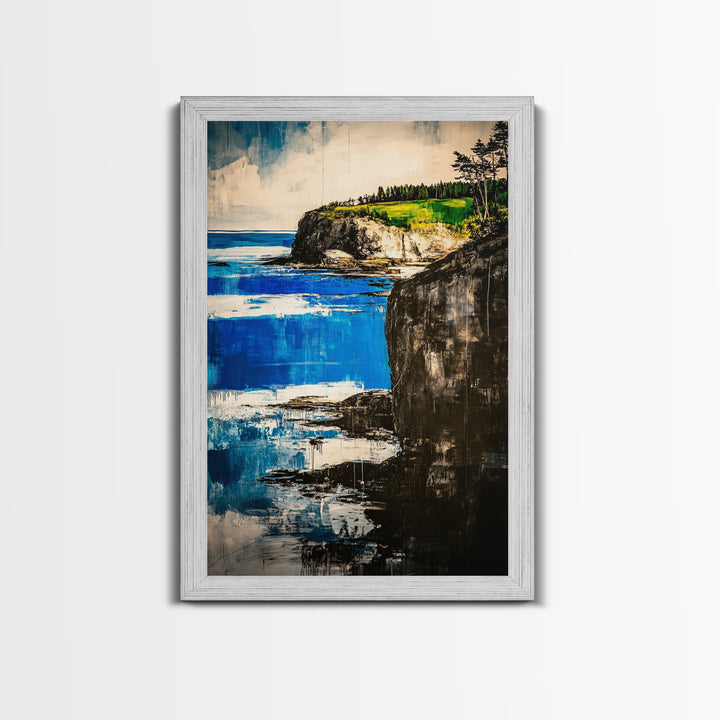 Coastal Cliff, Ocean Canvas Print, Nature Wall Art, Beach House Decor, Seascape Painting, Vibrant Blue Green Artwork, Office Art