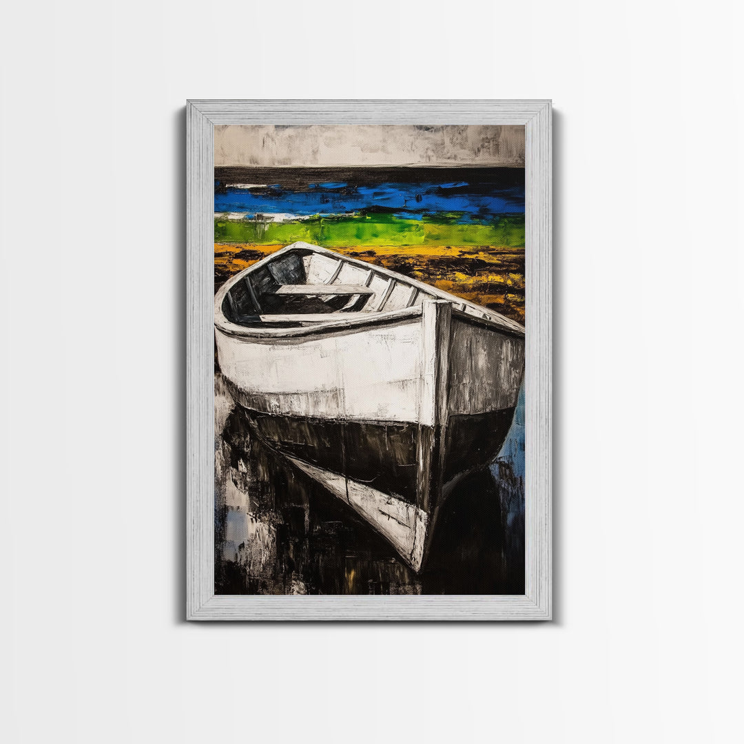 Coastal Rowboat, Black and White Boat Painting, Nautical Seascape Art, Rustic Beach House Decor, Framed Canvas Print, Bedroom Art