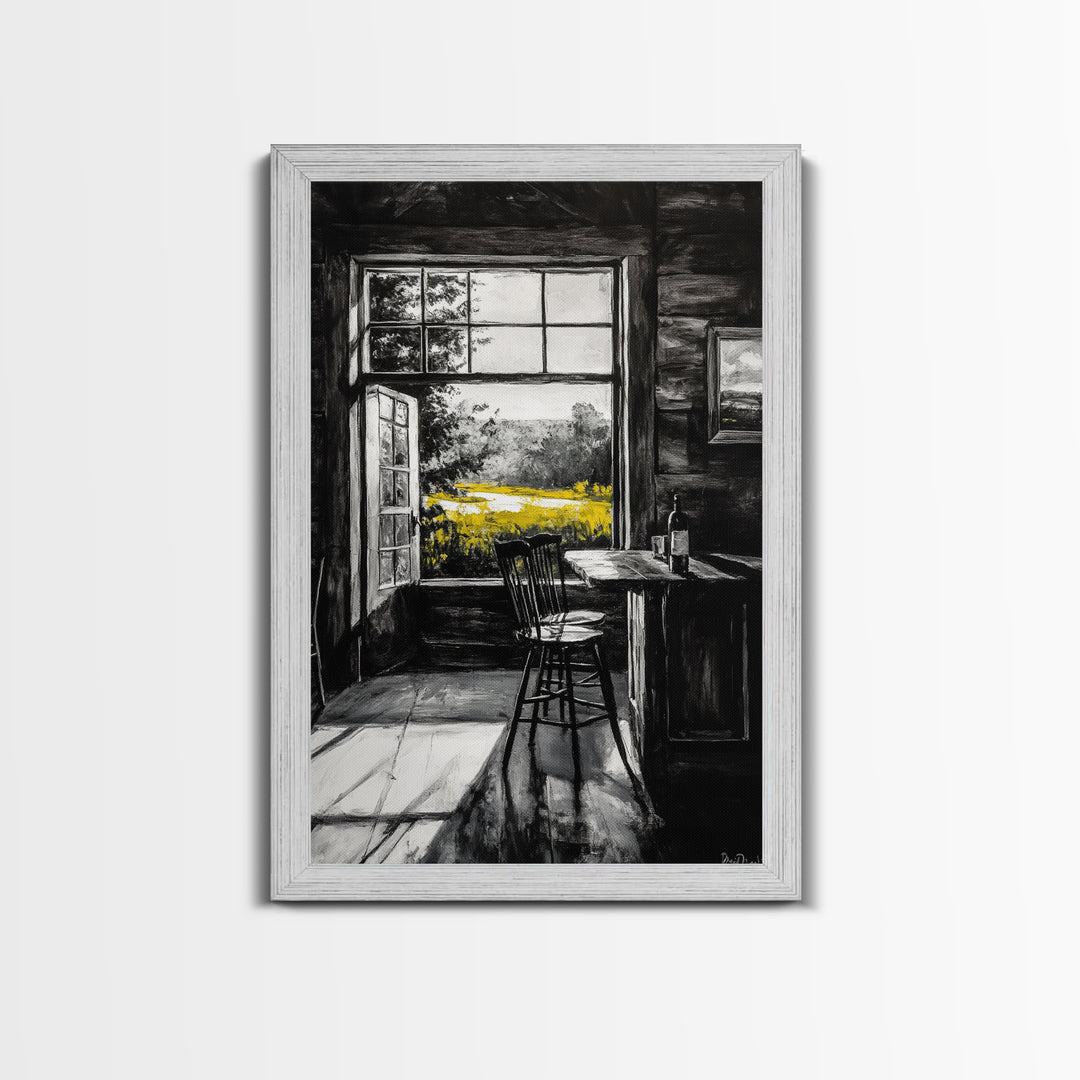 Rustic Cabin View, Black and White with Yellow Accents, Cozy Country Home Art, Framed Canvas Print, Living Room or Dining Room Decor