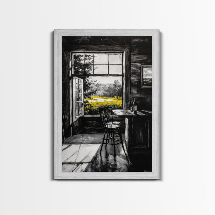 Rustic Cabin View, Black and White with Yellow Accents, Cozy Country Home Art, Framed Canvas Print, Living Room or Dining Room Decor