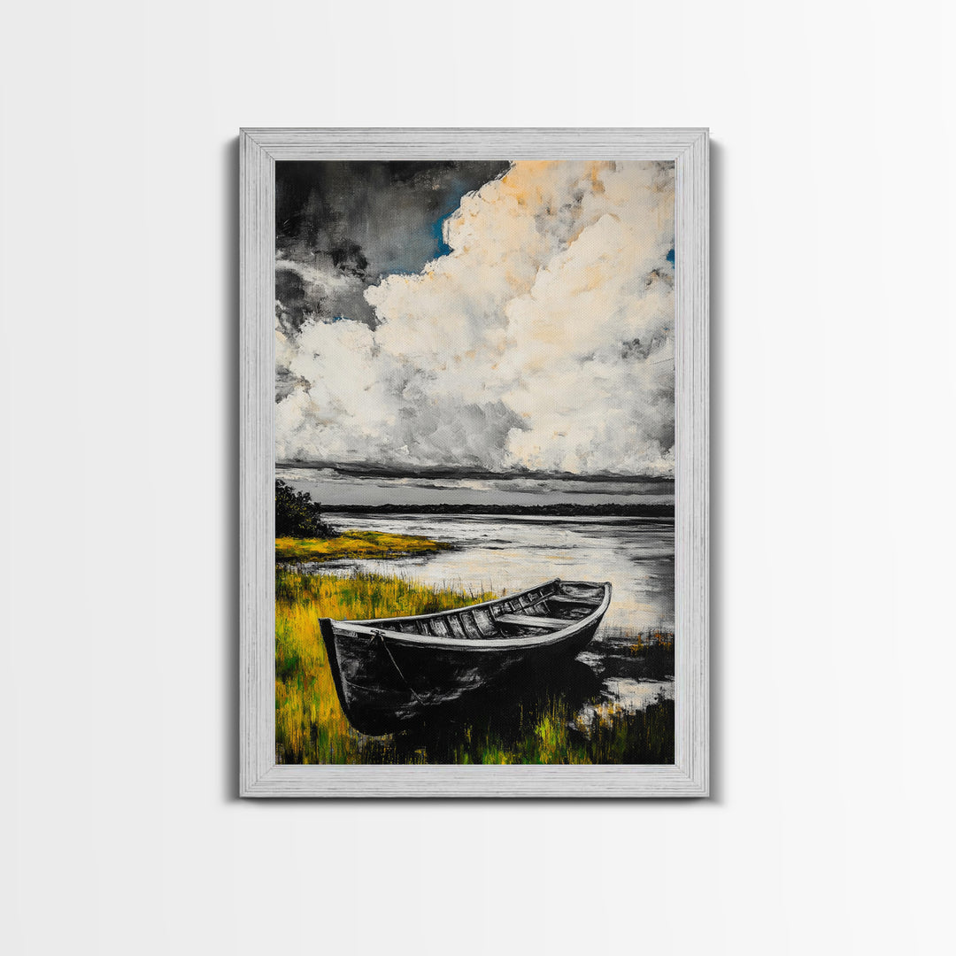 Rowboat Reflection, Rustic Lake Art, Black and White Boat Print, Tranquil Nature Scene, Living Room Wall Decor, Nautical Canvas Print