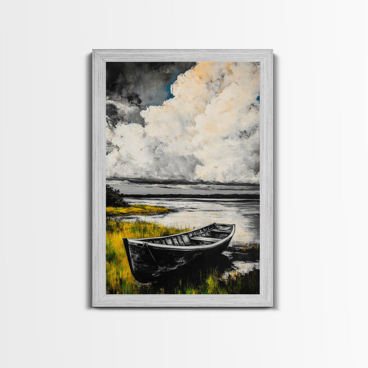Rowboat Reflection, Rustic Lake Art, Black and White Boat Print, Tranquil Nature Scene, Living Room Wall Decor, Nautical Canvas Print